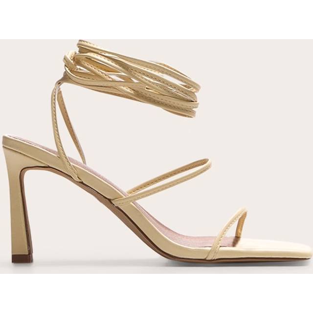 Lemon Pu Square Toe Strappy Lace Up Mid Stiletto Heeled Sandals, Lemon - 4
