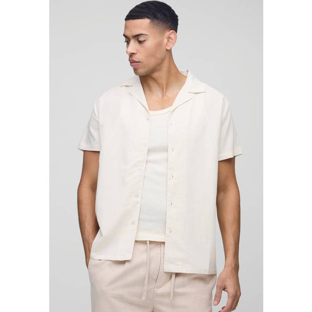 Regular Fit Revere Linen Blend Short Sleeve Shirt - Beige - S