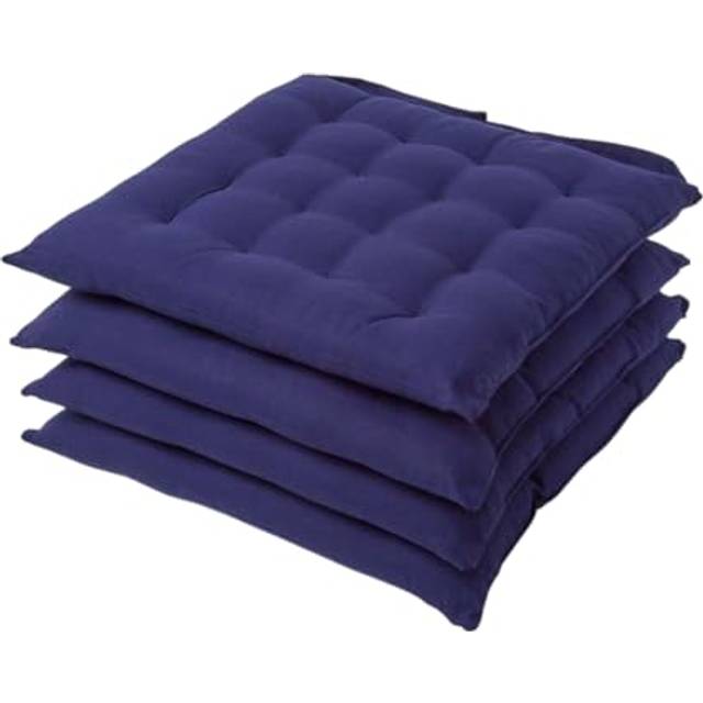 Homescapes Set of 4 Luxury 100% Cotton Seat Pad with Button Straps, 40 x 40 cm, Navy Blue, OEKO-TEX Certified, For Dining & Garden, Plain