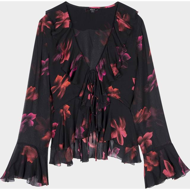 Nicoletta Floral Chiffon Long-Sleeve Top - DARK AZALEA - Large