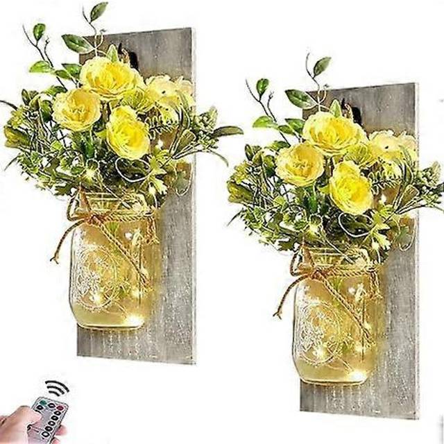 (Colour, One size) Rustic Wall Sconces Mason Jar Sconces Handmade Wall Art Hanging Design with Remote Control LED Fairy Lights and White Peony,Farmhou
