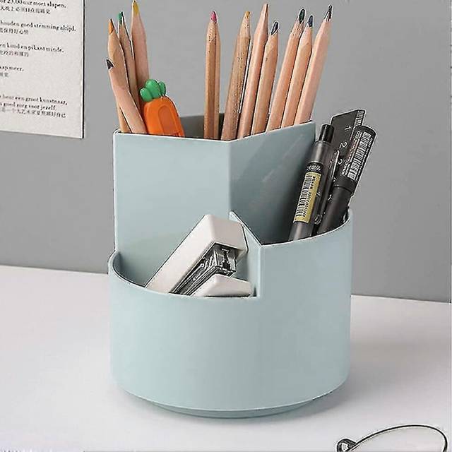 (Blue, One size) Rotating Pen Holder 3 Compartments, School Supplies Organizer