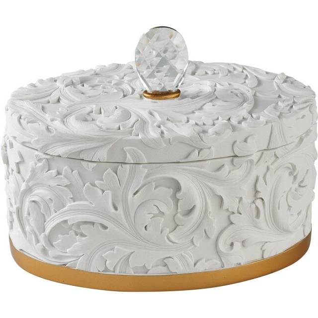 Benjara Jewelry Box with Baroque Scroll Design and crystal Accent  White