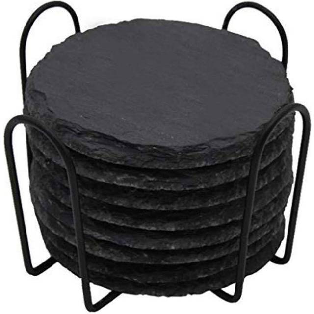 10Pcs Natural Slate Drink Coasters Round Black Stone Insulation Cup Coaster for Coffee Table, Home black