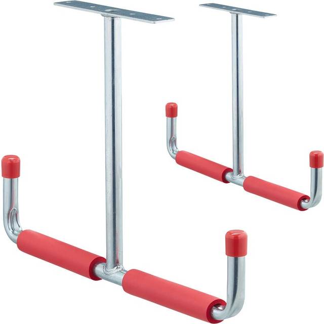 Relaxdays - Set of 2 Garage Ceiling Hooks, T-Shape, up to 25 kg, Storage, Steel With Padding, HxW: 30x42 cm, Silver-Red