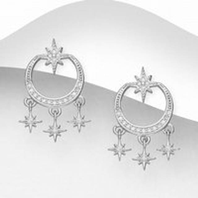 John Greed Signature Silver CZ Star & Crescent Moon Earrings For Women - silver
