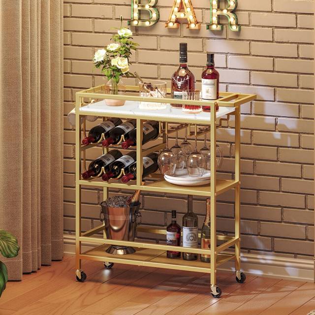 MAHANCRIS Bar Cart for Home  3-Tier Serving Cart with Wheels and Handle  Beverage Cart with Wine Rack and Glass Holders  Rolling Wine Cart for Kitchen