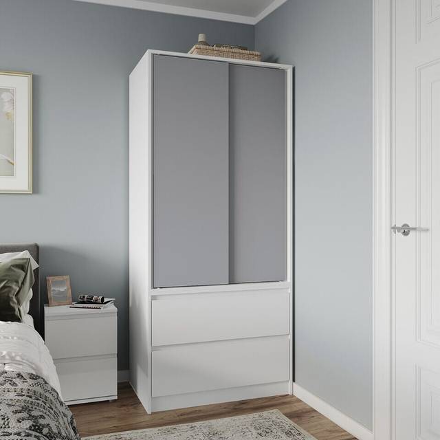 (White Carcass with White Doors) 2 Sliding Doors Wardrobe 2 Drawer Clothes Cupboard