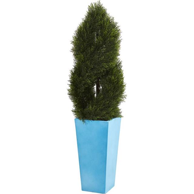 Nearly Natural 4.5    Double Pond Cypress Spiral Tree in Turquoise Planter UV Resistant (Indoor/Outdoor) Artificial Plant, Green