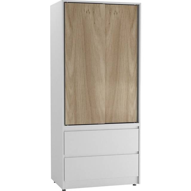 (White Carcass with Oak Doors) 2 Sliding Doors Wardrobe 2 Drawer Clothes Cupboard