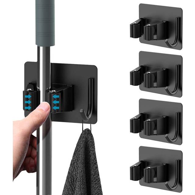 4 Pieces Broom Holder, Self Adhesive Wall Mounted Broom Holder Without Drilling, Mop Holder with Hooks for Kitchen Bathroom Garden Black