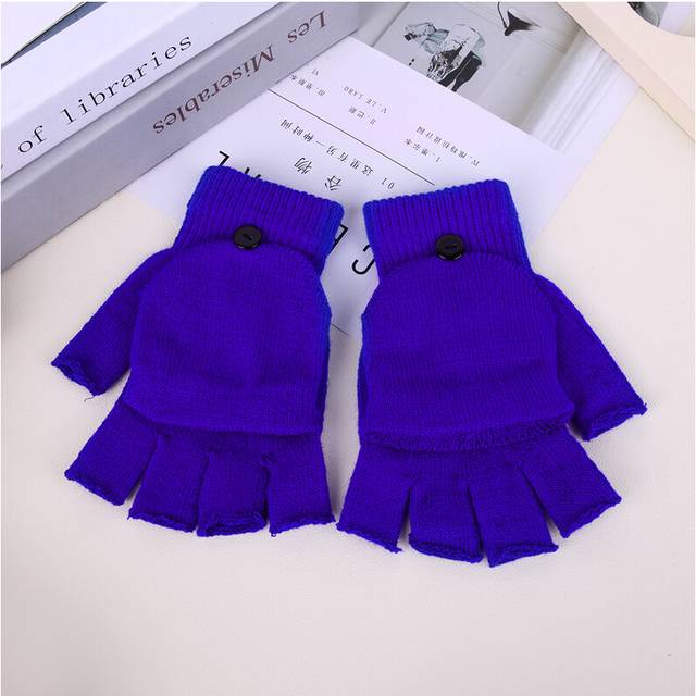 (One size, C- Blue) Women Half Finger Gloves Winter Warm Thicken Wool Gloves Girls Knitted