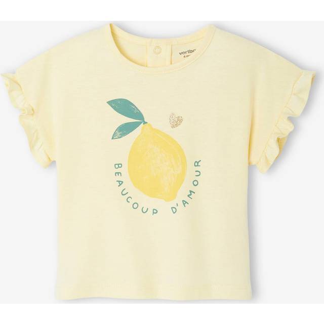 Baby t-shirt with frilled sleeves and fruit design pastel yellow