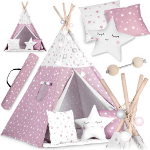 Children's Tipi Tent with Light String Nukido - Pink with Star Pattern