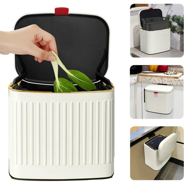 2-in-1 Small Bin Compost Bin Countertop, Wall Mounted Under Sink Indoor Bin for Kitchen, Bathroom, Cabinet Bin Hanging (4 Liter, White/1.05 Gallon)