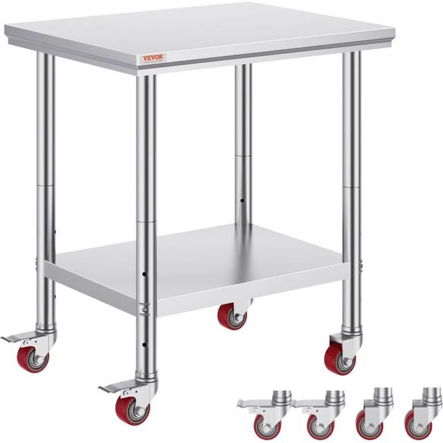 Mophorn Stainless Steel Work Table 30 x 24 x 33 Inch, 700 lbs Load Capacity, 4 Wheels, Adjustable Height, Heavy Duty Food Prep Table for Commercial