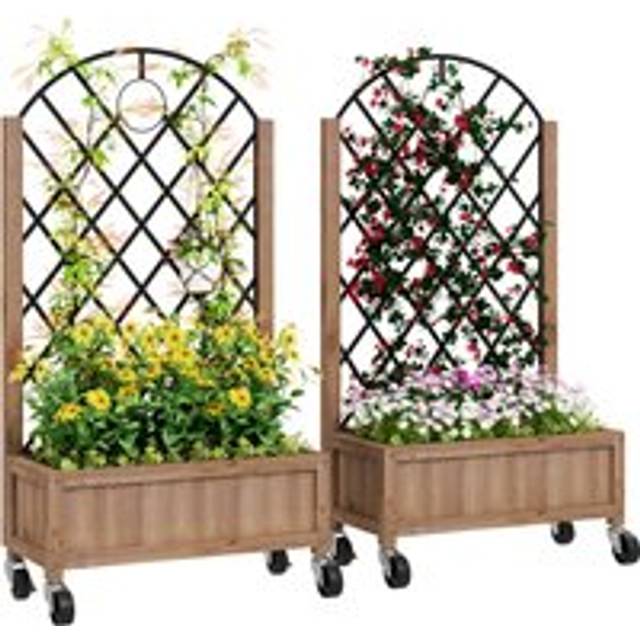 Outsunny Raised Garden Bed with Metal Trellis, Pack of 2 Wooden Elevated Planter Box with Wheels and Drainage Holes, Outdoor Raised Planter for Climbing Plants, Fruits, Vegetables, Flowers, Brown