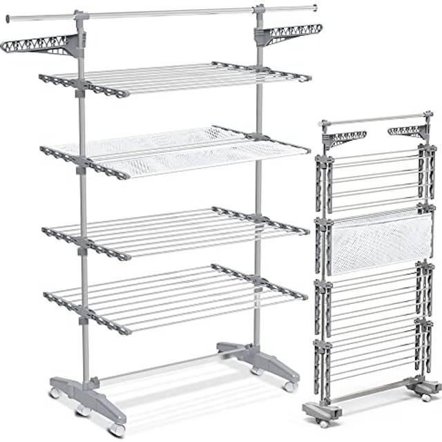 VOUNOT® 4 nivåer, hopfällbar tvättställning med hjul och nät med stor kapacitet, robust torkställ i rostfritt stål, hopfällbara vingar 28 m torkning för användning inomhus/utomhus