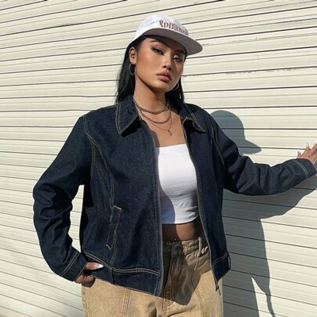 SHEIN Plus Size Denim Jacket, Casual Fitted Long Sleeve Short Style, Blue