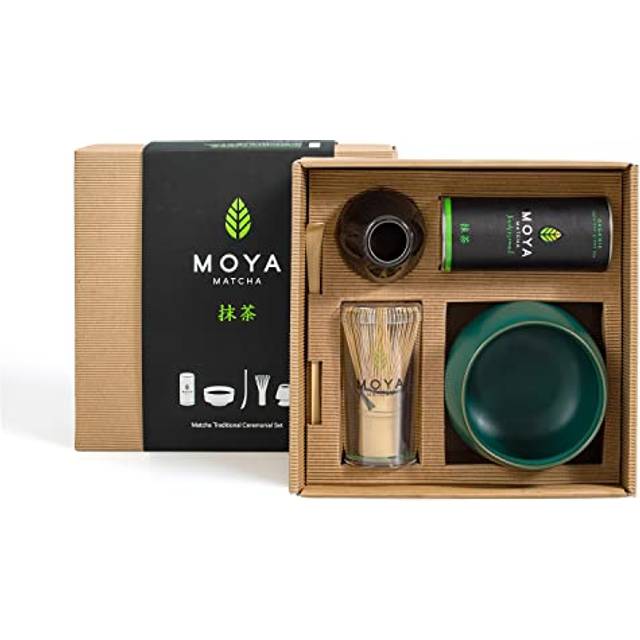 Ekologiskt Moya Matcha Grönt Te Set | 30g Traditionell Klass (I & II) Förpackning + Skål + Visp + Hållare + Sked | Traditionell Ceremoniell Klass Pulver Komplett Förberedelse-Set Present