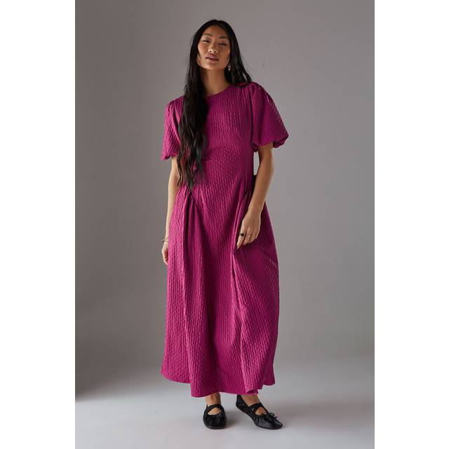 Womens Petite Seersucker Organza Godet Side Puff Sleeve Midi Dress - Pink - 10