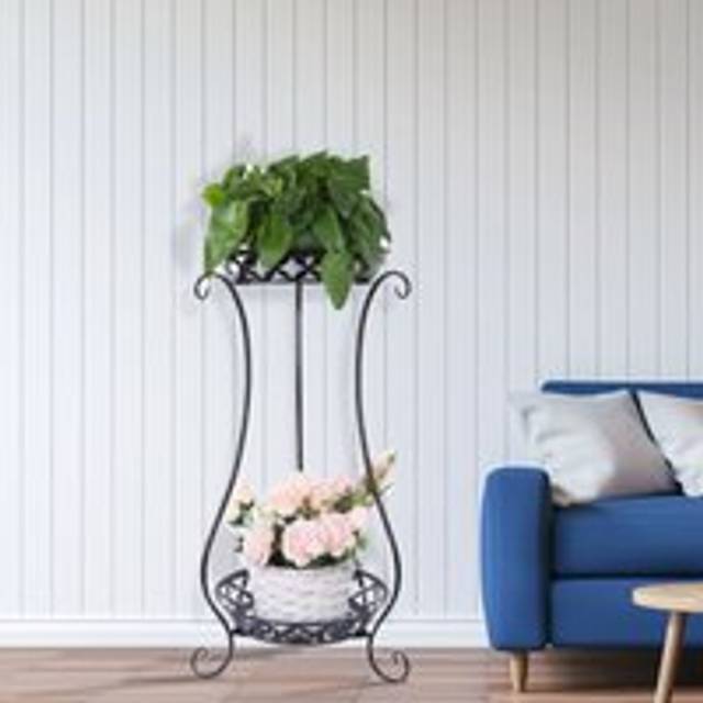 New 2 Tier Metal Iron Flower Plant Pot Display Stand, Black
