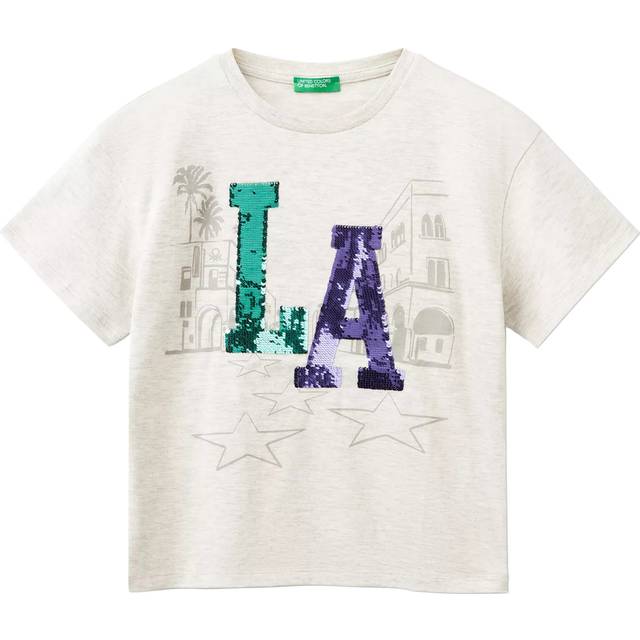 Benetton Kids' Sequin LA T-Shirt, Cream Melange