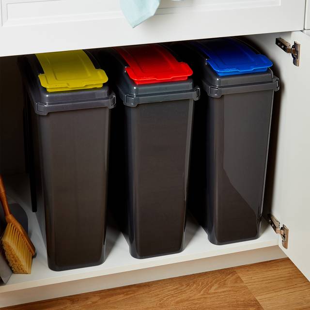 Wham 3 Piece 25L Plastic Recycle Bin Graphite/Asst Red/Blue/Yellow Lids - Multi - 40 x 19 x 51cm