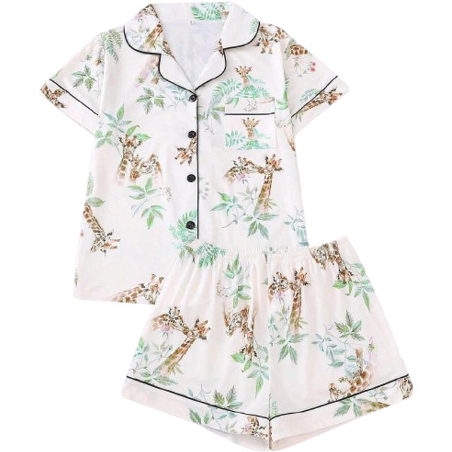 SHEIN Giraffe Printed Women&#39;s Pajama Set, Featuring Short Sleeve Shirt With Lapel Collar And Loose Elastic Shorts, Casual Women&#39;s Sleepwear And Loungewear,