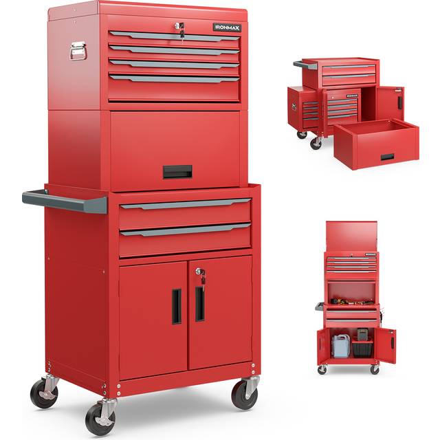 Costway 6-Drawer Rolling Tool Chest with Universal Wheels and Hooks-Red-M, Red