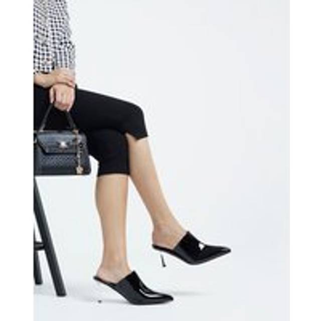 River Island Womens Black Patent Pointed Heel Court Mules - 9