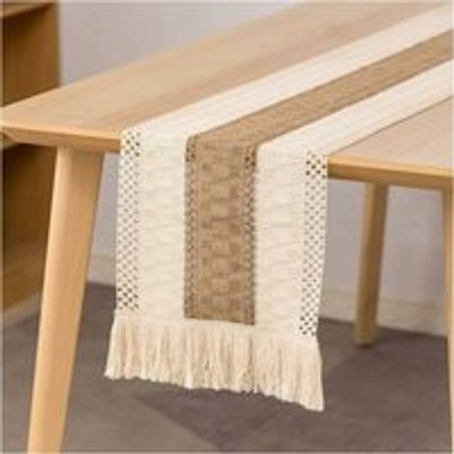 Cyslmuk - 30x280 cm Macrame Table Runner, Natural Cotton and Linen Dining Table Runner, Bohemian Crochet Tooth Tassel Table Decor
