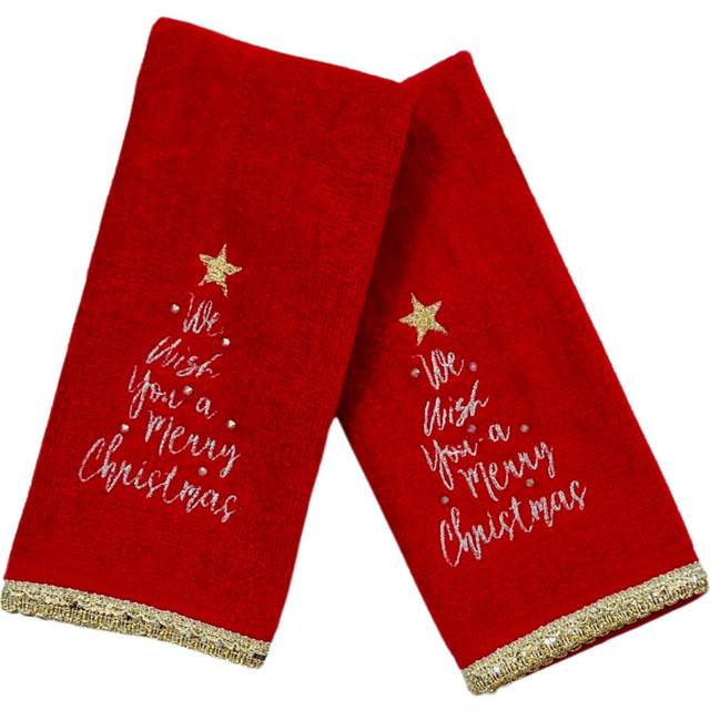 Serafina Home Holiday Christmas Bath Fingertip Towels  Embroidered Gold We Wish You a Merry Christmas with Gold Lace Hem  2 Piece Set  12 x 18 inches