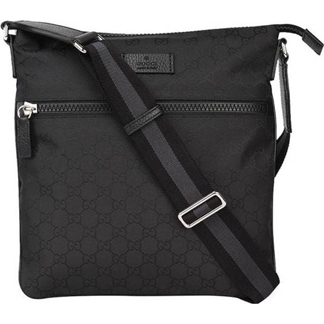 Men's Gucci Logo Leather Logo Stripe Webbing Shoulder Strap Nylon Shoulder Messenger Bag Black - BLACK - F