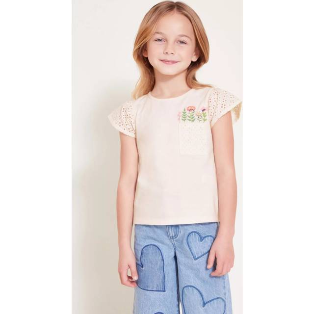 Monsoon Kids' Broderie T-Shirt, Ivory