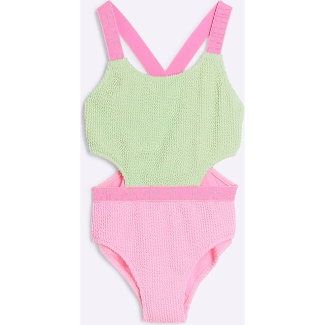 River Island Older Girl Elastic Colour Block Swimsuit - Green, Green - Bright, Size 5-6 Years - 5-6 YEARS