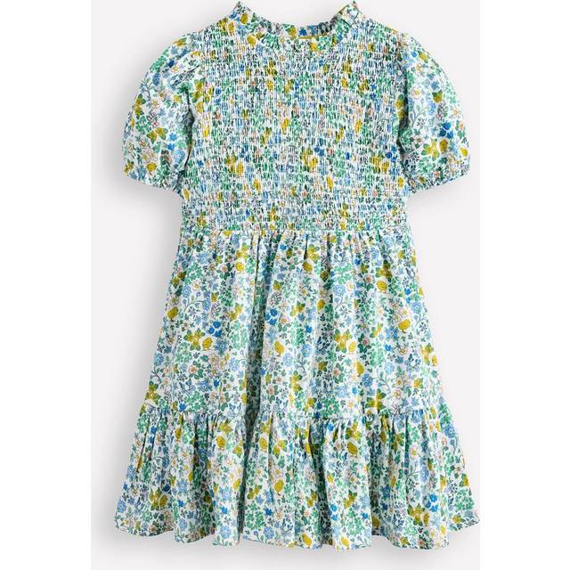 Mini Boden Kids' Aurora Cotton Shirred Twirly Dress, White Chick Floral
