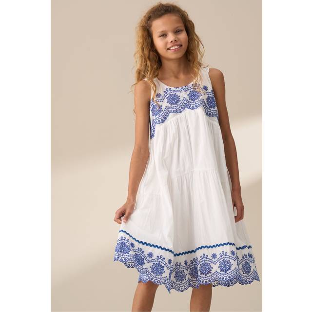 Angel & Rocket Kids' Embroidered Sun Dress, White/Blue