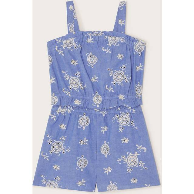 Monsoon Kids' Cotton Broderie Playsuit, Blue