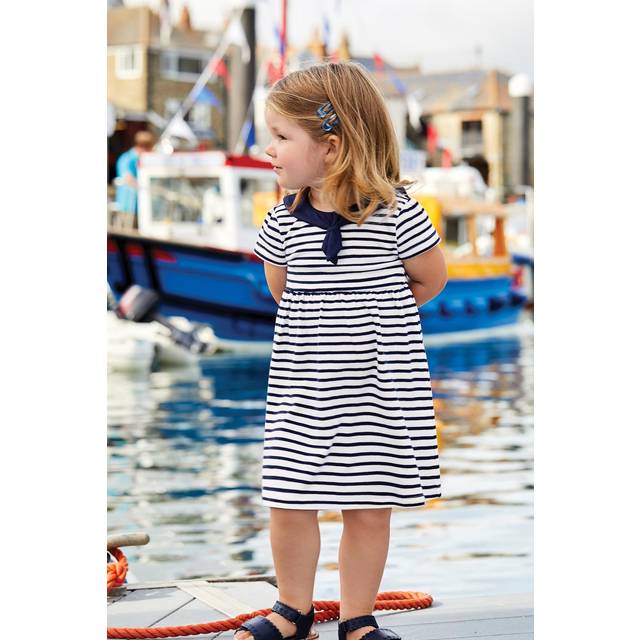 White Navy Stripe Short Sleeve Sailor 100% Cotton Dress - 6-7 Yrs