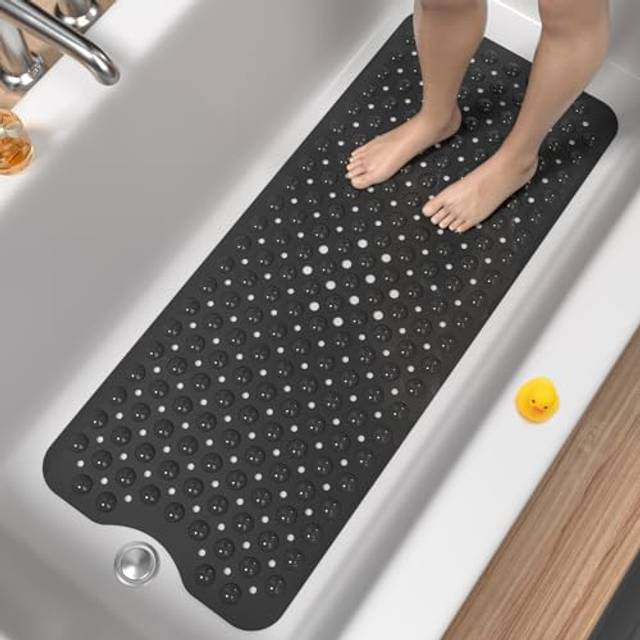 HITSLAM Non Slip Bath Mat for Tub, 101 x 40cm Extra Long Shower Mat Anti Mould, Machine Washable Bathroom Bathtub Mat with Suction Cups and Drain