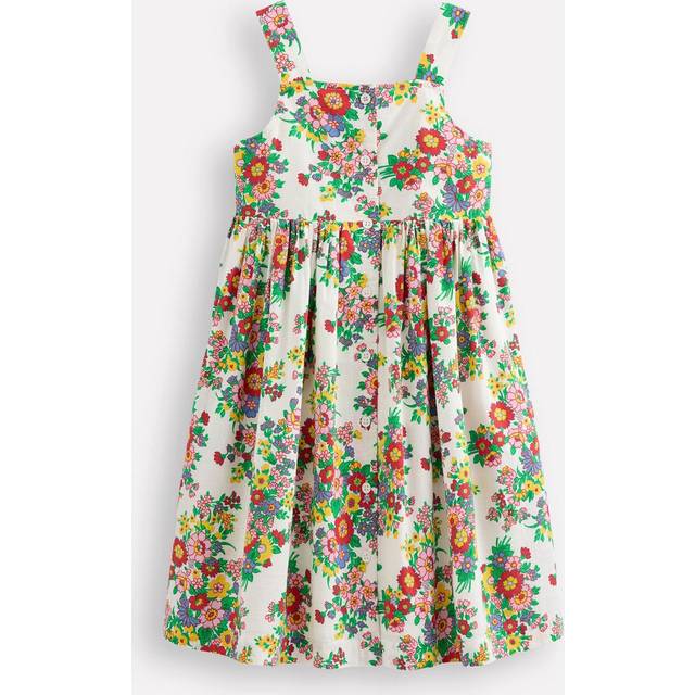 Mini Boden Kids' Remy Button Through Cotton Pinafore Dress, Ivory Flower Bunch