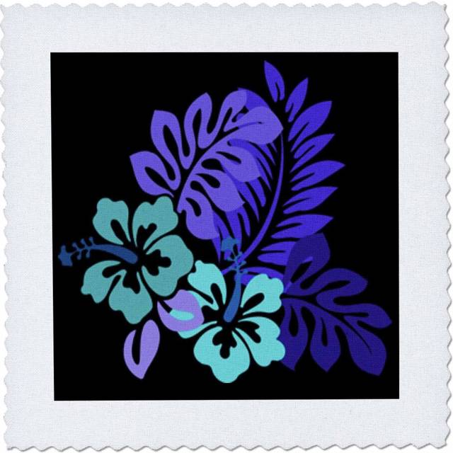 3dRose qs_41667_4 Hawaiian Turquoise and Purple Floral on Black-Quilt Square  12 by 12-Inch