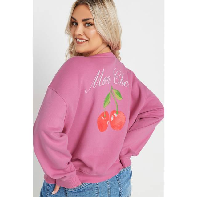 Yours Curve Pink 'Mon Cheri' Cherry Back Print Sweatshirt, Women's Curve & Plus Size, Yours - 26-28