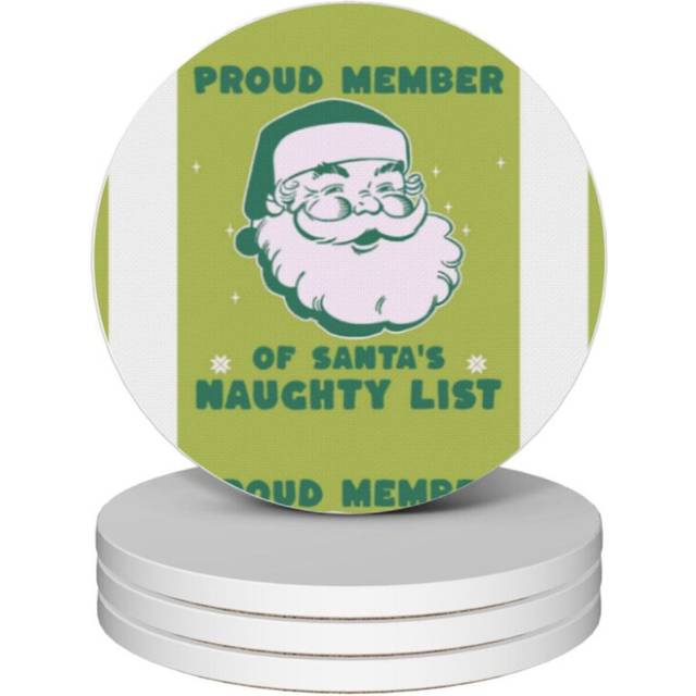 (Proud Member Of Santa's Naughty List 3=2583) Ceramic Coasters Set of 4 Xmas for Drink Wine Beer Bar with Cork Base Housewarming Birthday Christmas Gi
