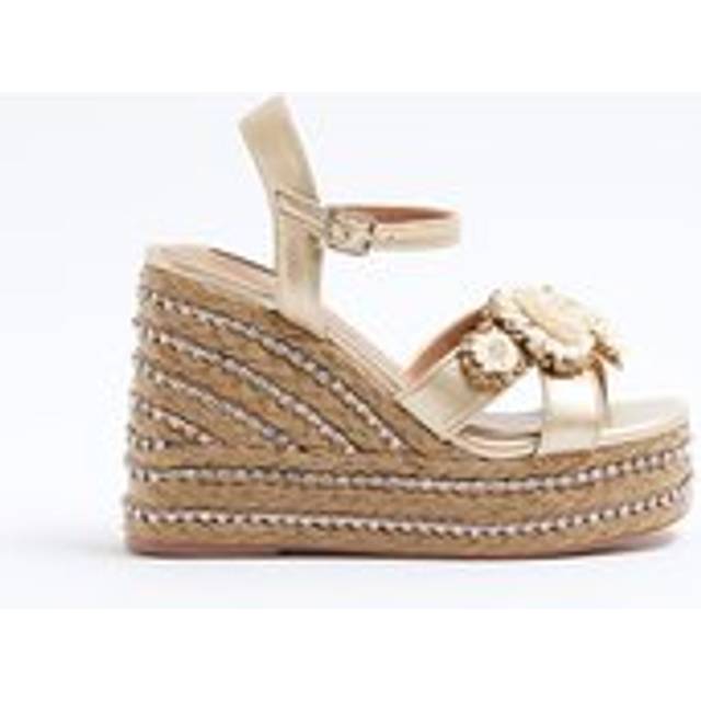River Island Womens Beige Raffia Flower Platform Wedge Sandals - 3