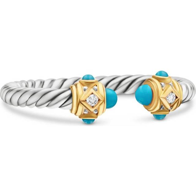 David Yurman - sterling silver Renaissance turquoise and diamond ring (2.3mm) - women - Sterling Silver/Turquoise/14kt Yellow Gold/Diamond - 9