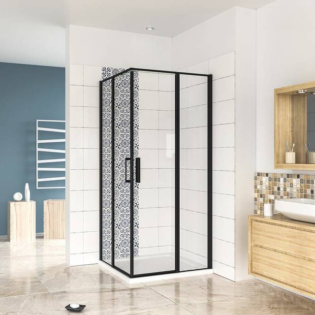 Black frame pivot corner entry shower enclosure tray free waste 800/900/1200