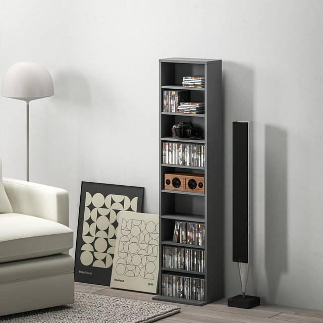HOMCOM 260 CD Storage Unit 120 DVD Storage Tower with 9 Compartments Grey