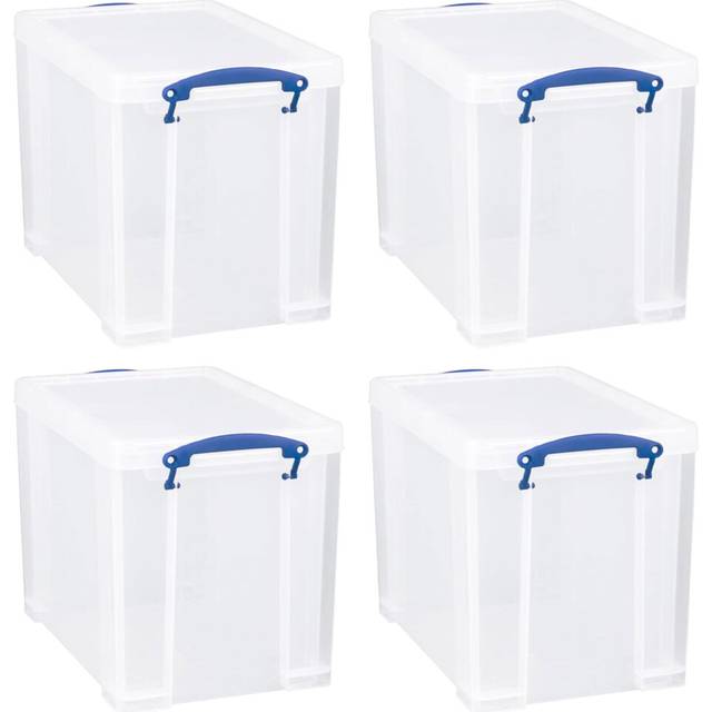 Really Useful Box 19 Liter Plastic Stackable Storage Container w/ Snap Lid & Built-In Clip Lock Handles for Home & Office Organization, Clear 4 Pack